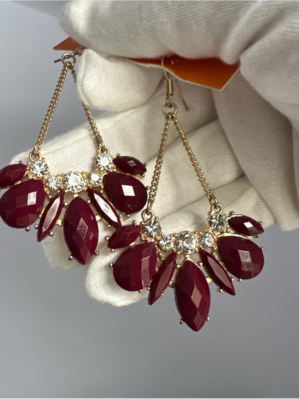 Gold-Tone Burgundy and Crystal Drop Earrings